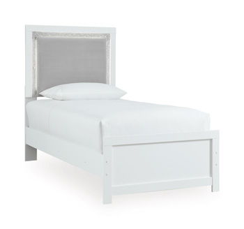 Upholstered panel headboard with tall rectangular frame, light fabric and simple trim