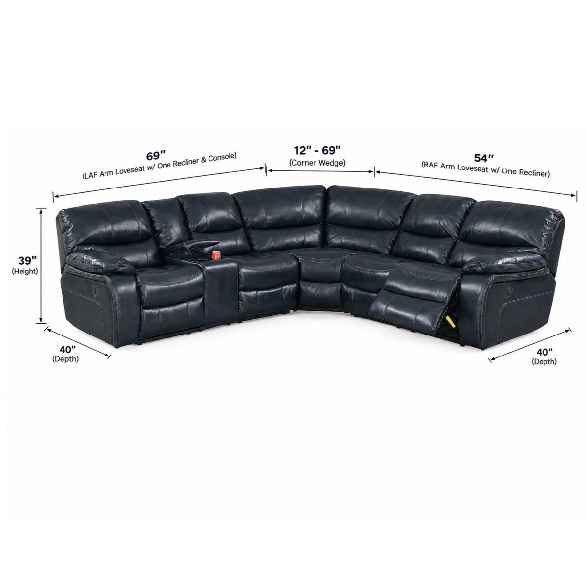 Power Motion Reclining Sectional Sofa With Console Cup Holders And USB Charging Port - Blue