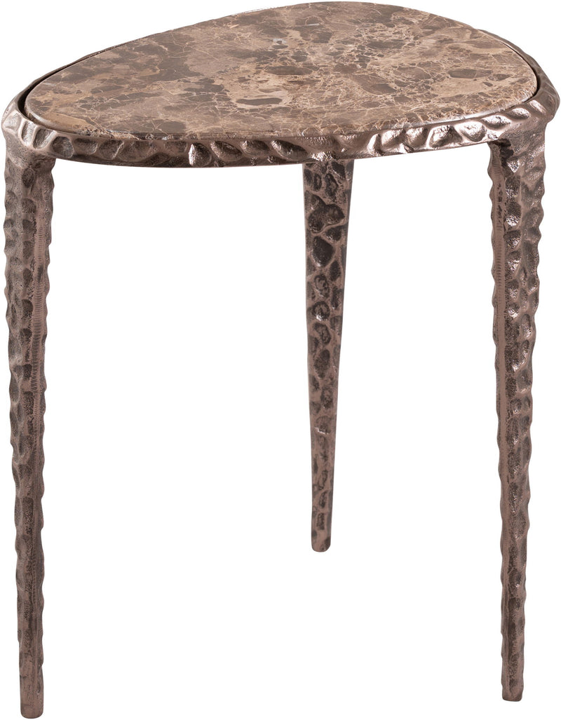 Round marble-top end table with ornate dark metal legs and aluminum base frame
