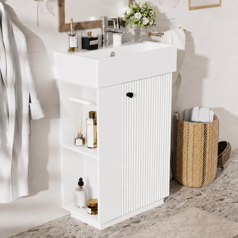 White freestanding bathroom vanity with sink top, open side shelves, and ribbed door