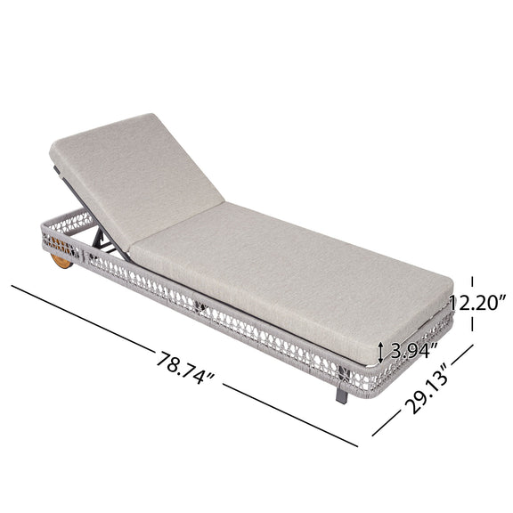 Gray chaise lounge with cushions and wheels, 5-position adjustable backrest (dimensions shown)