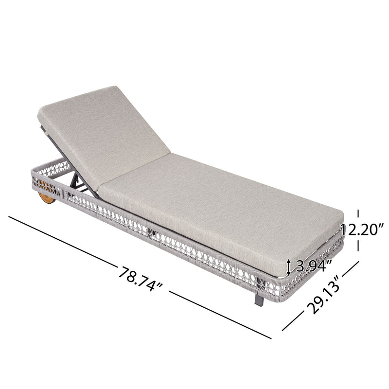 Gray chaise lounge with cushions and wheels, 5-position adjustable backrest (dimensions shown)