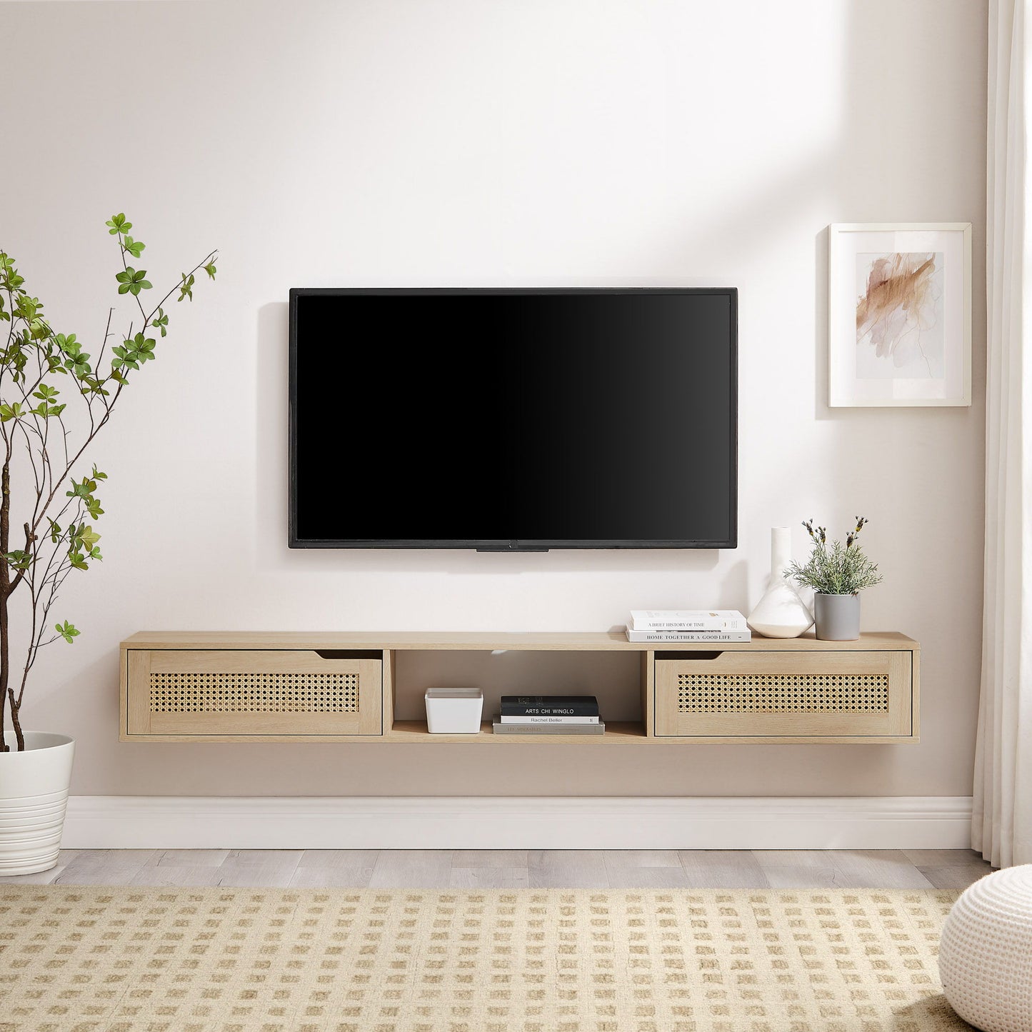 Modern Rattan Door Floating TV Stand For TVs Up To 80"