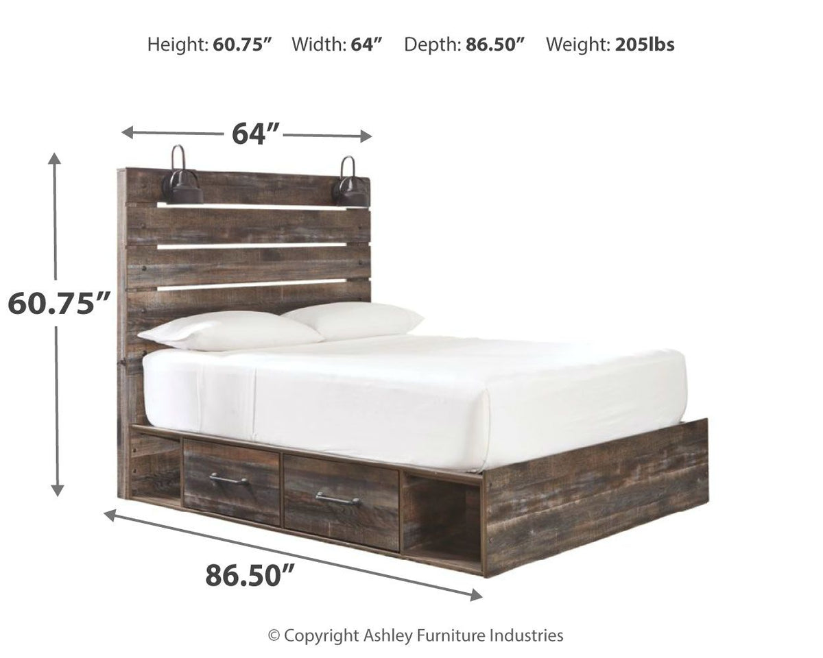 Drystan panel bed with dark wood panel sides, slat headboard, and dual front drawers; white bedding.