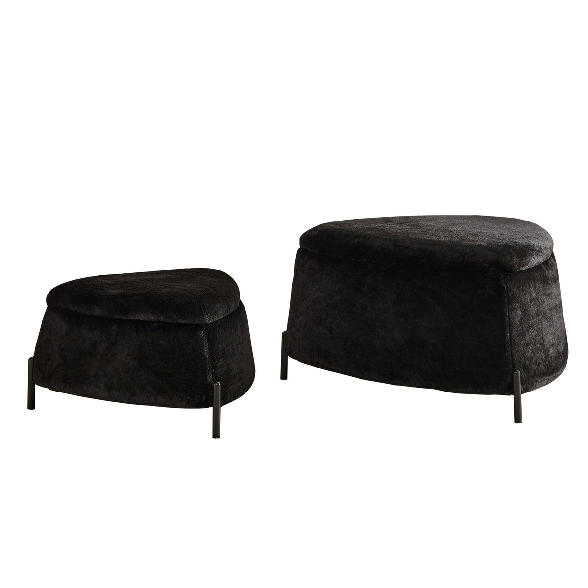 Black upholstered storage ottoman set, rounded cushioned tops, black metal legs