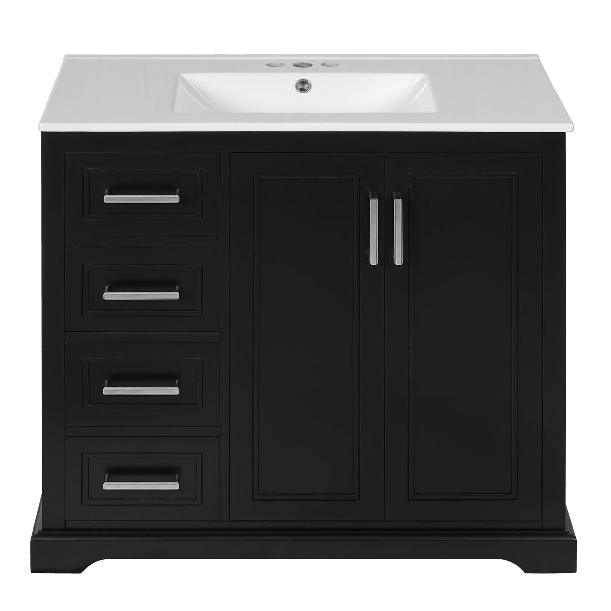 Black bathroom vanity cabinet with sink, three drawers, and two soft-close cabinet doors