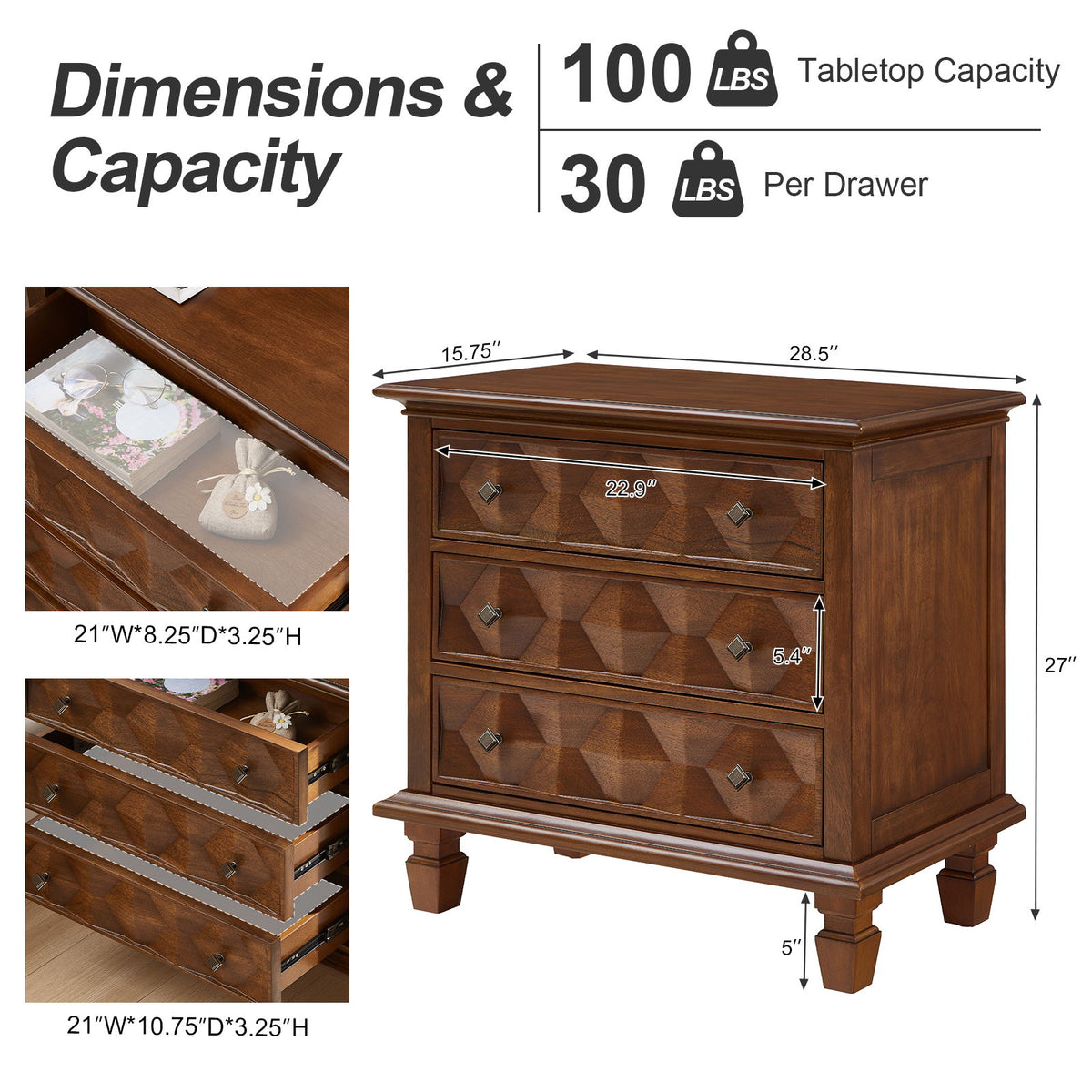 Three-drawer walnut nightstand with dimension and drawer capacity details