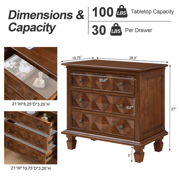 Three-drawer walnut nightstand with dimension and drawer capacity details