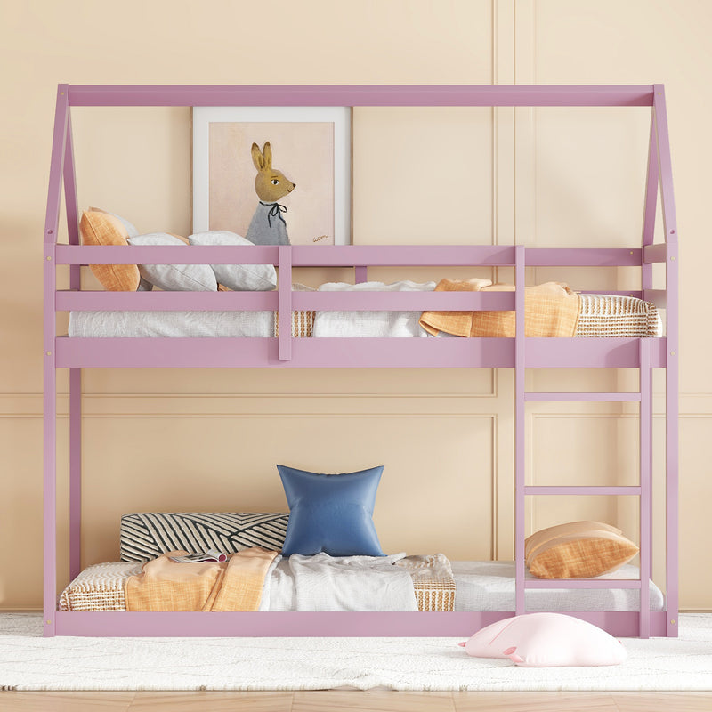 Twin over Twin Rubber Wood Floor Bunk Bed, with ladder, Guardrails, House-Shaped-Bunk Bed, Pink