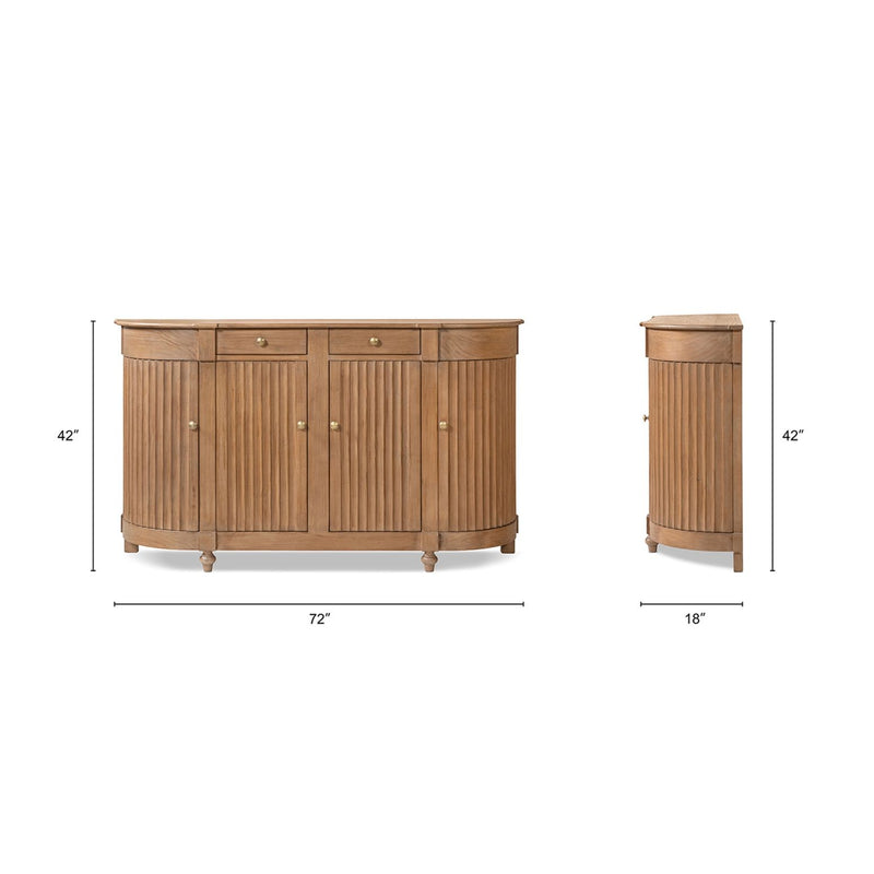 Brown cabinet-style side table with drawer, two-door storage, and slatted panels