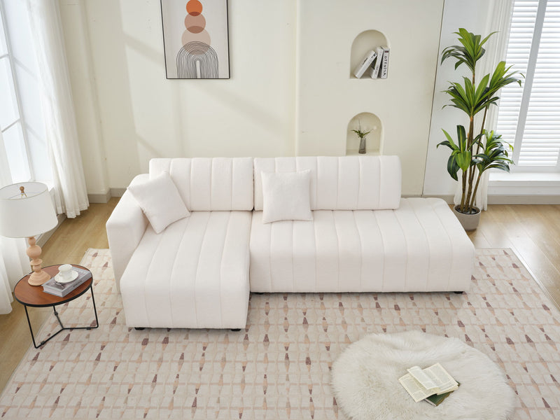 Beige lamb wool sectional sofa with chaise, corner seating view