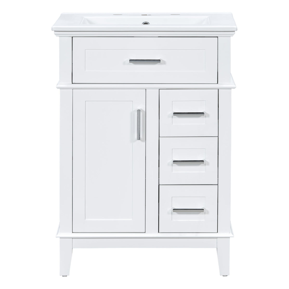 White bathroom vanity with sink, flip drawer, and three soft-close drawers
