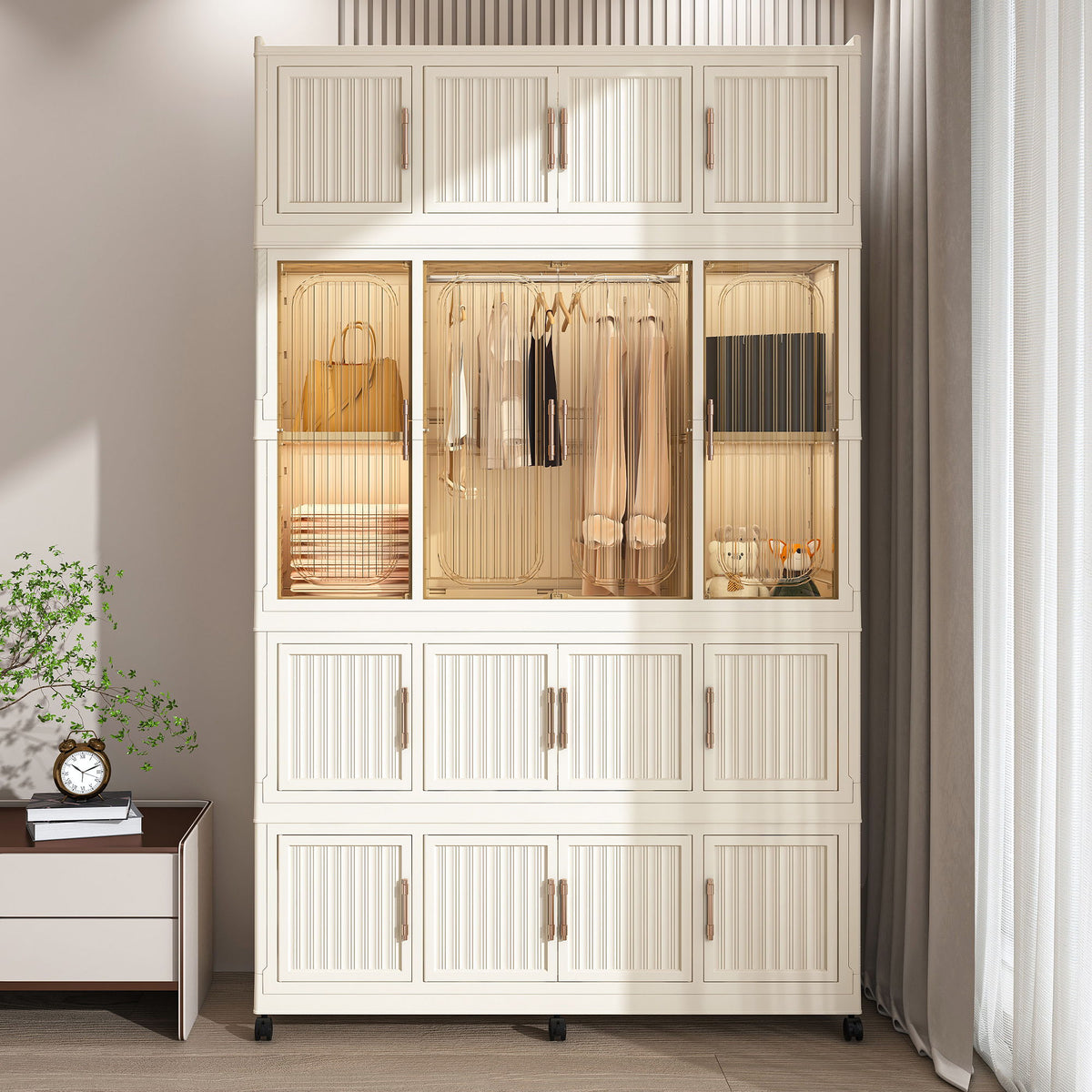 Creamy white wardrobe storage organizer with magnetic doors and hanging rod