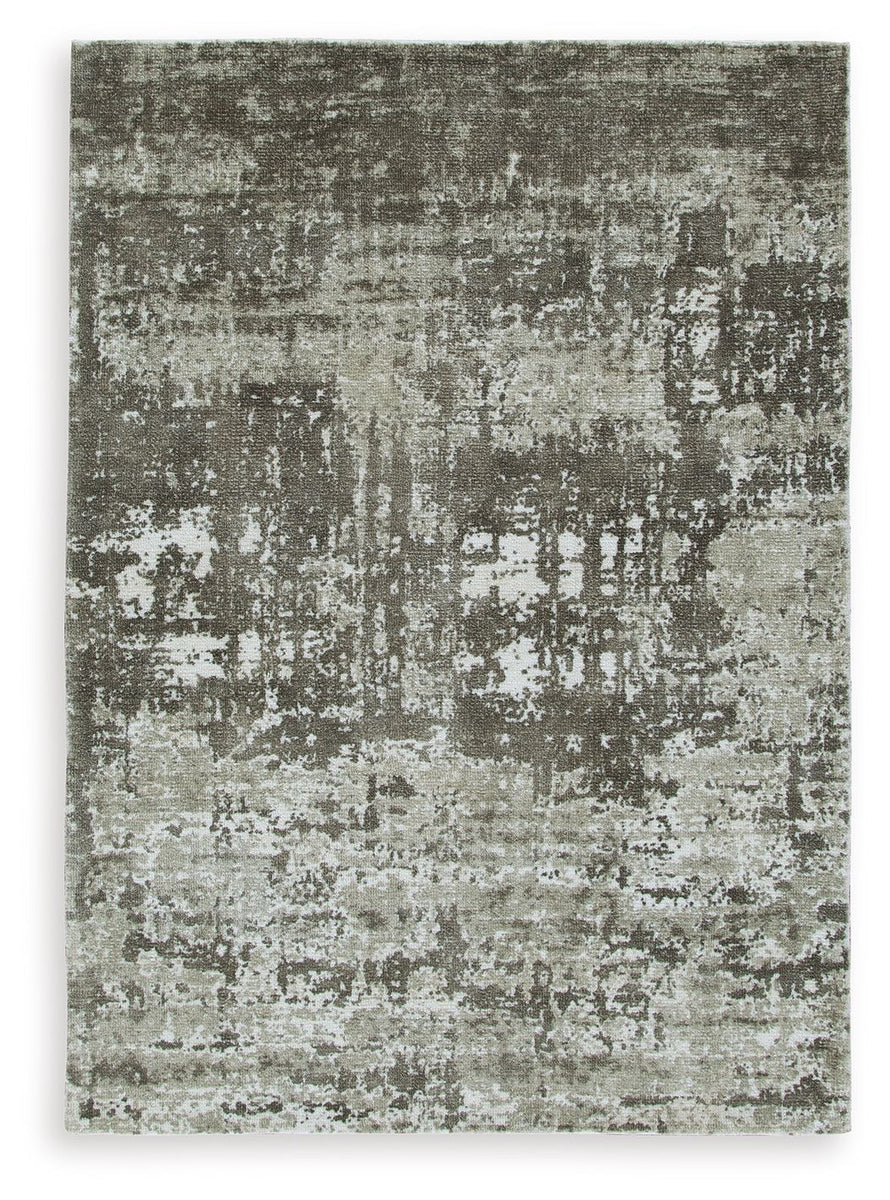 Gray 5x7 area rug with distressed abstract pattern and short pile