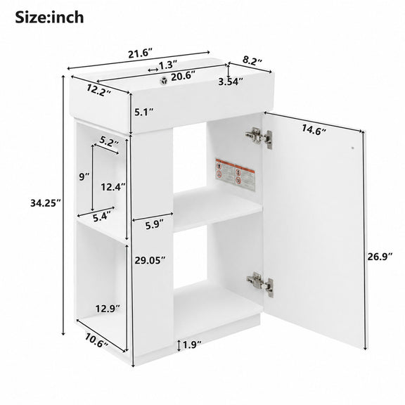 Bathroom vanity cabinet open on side view with adjustable storage compartments