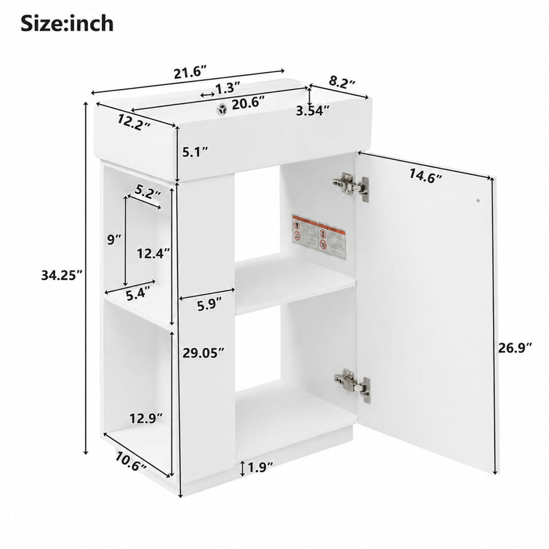 Bathroom vanity cabinet open on side view with adjustable storage compartments