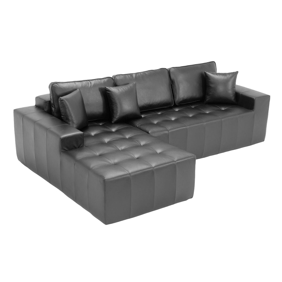 Dark gray L-shaped corner chaise sofa bed with tufted cushions and padded back pillows