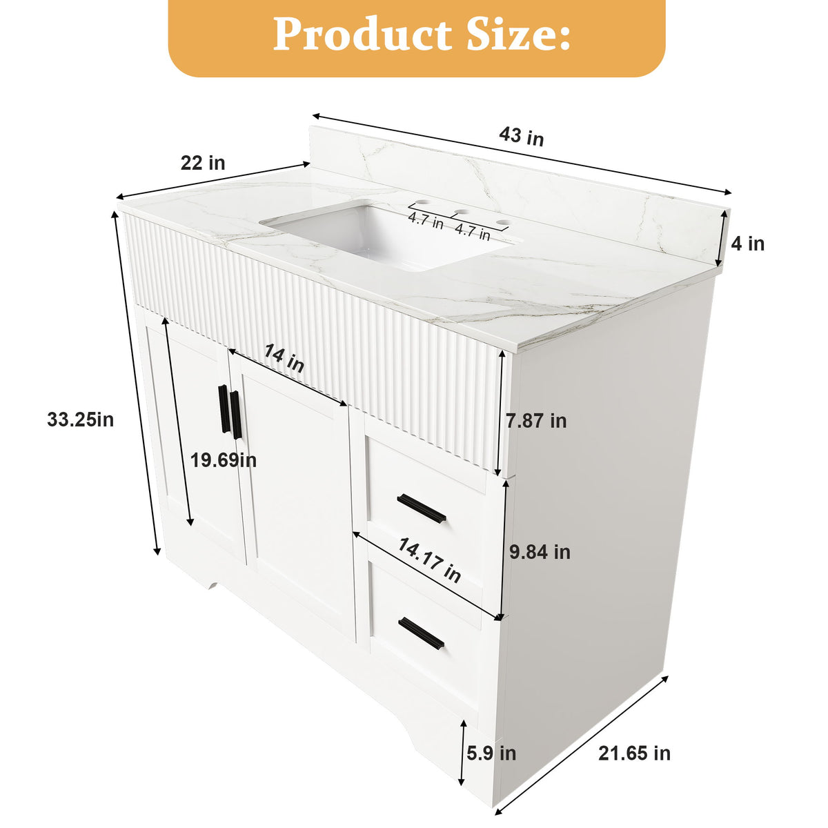White bathroom vanity set size diagram with sink top and cabinet dimensions, front view.