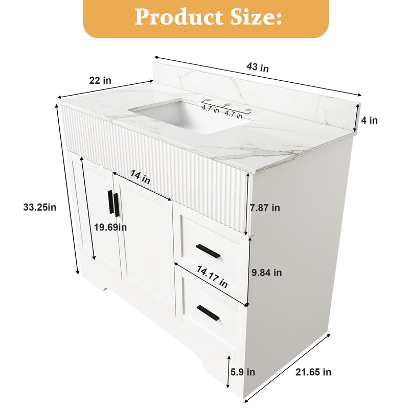 White bathroom vanity set size diagram with sink top and cabinet dimensions, front view.