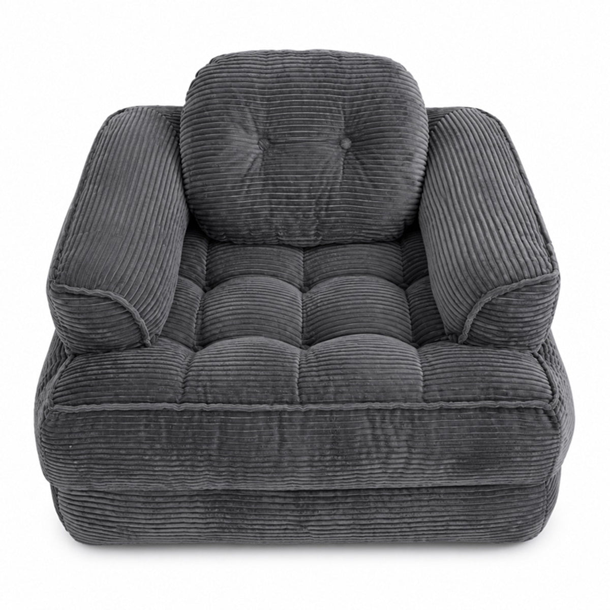 Dark gray corduroy convertible armrest sofa with tufted back and padded armrests