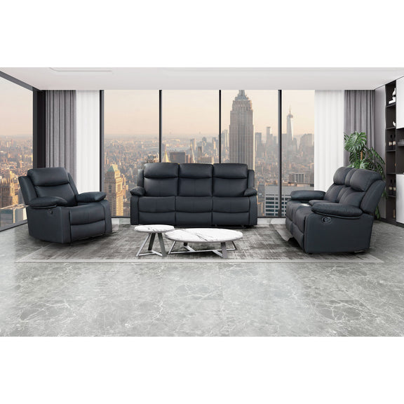 Black reclining sofa set with two recliners and a center loveseat