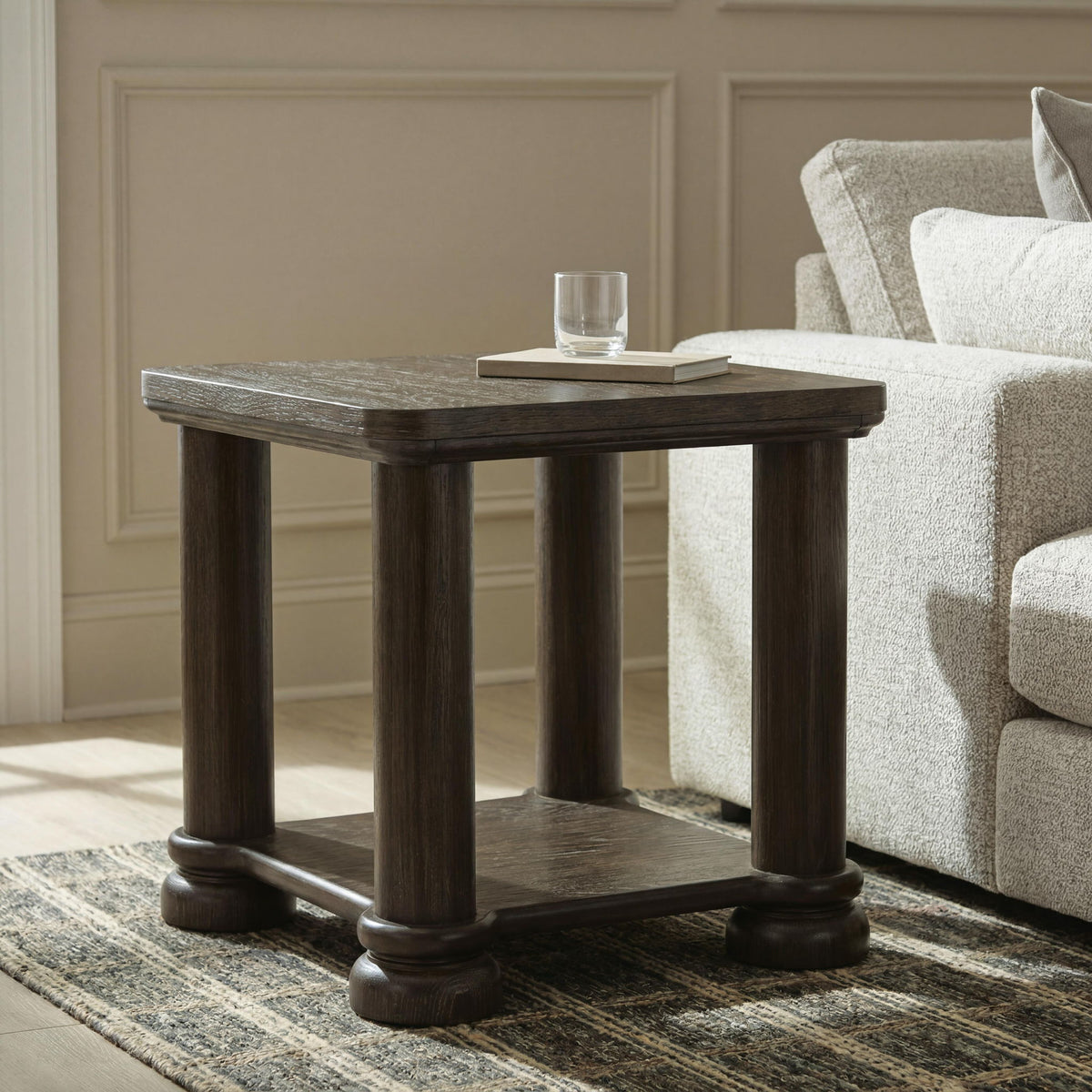 Dark brown rectangular end table with lower shelf and turned pedestal legs