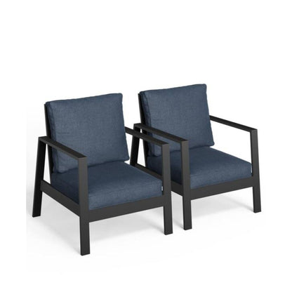 Set of 2 blue patio armchairs with thick cushions and dark gray frames