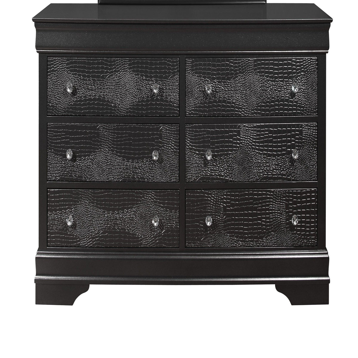 Dark gray two-door dresser with textured finish and metal knob hardware