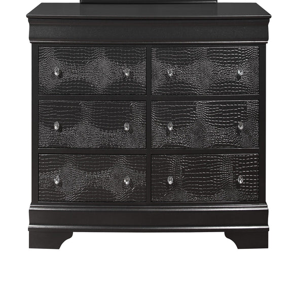 Dark gray two-door dresser with textured finish and metal knob hardware