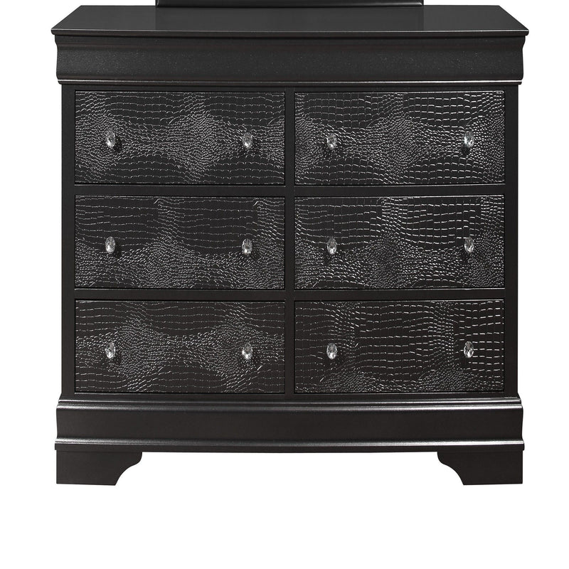 Dark gray two-door dresser with textured finish and metal knob hardware