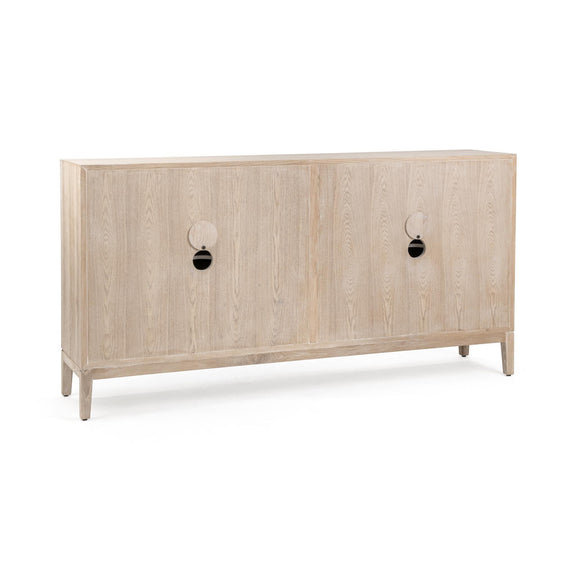 Light wood 4-door sideboard with two visible pulls and tapered legs