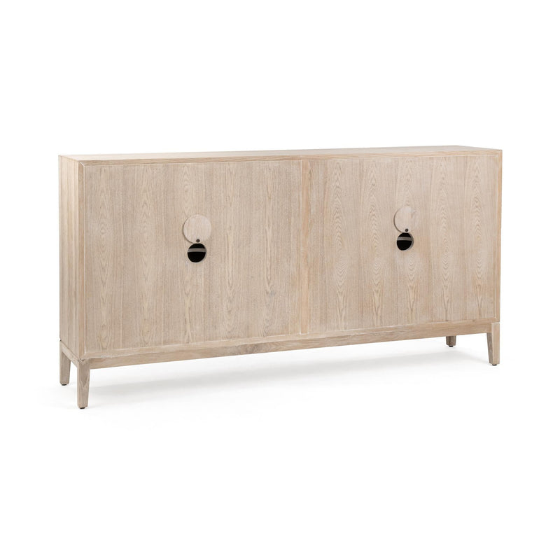 Light wood 4-door sideboard with two visible pulls and tapered legs