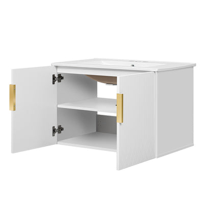 White bathroom vanity with rectangular sink top and two open storage shelves