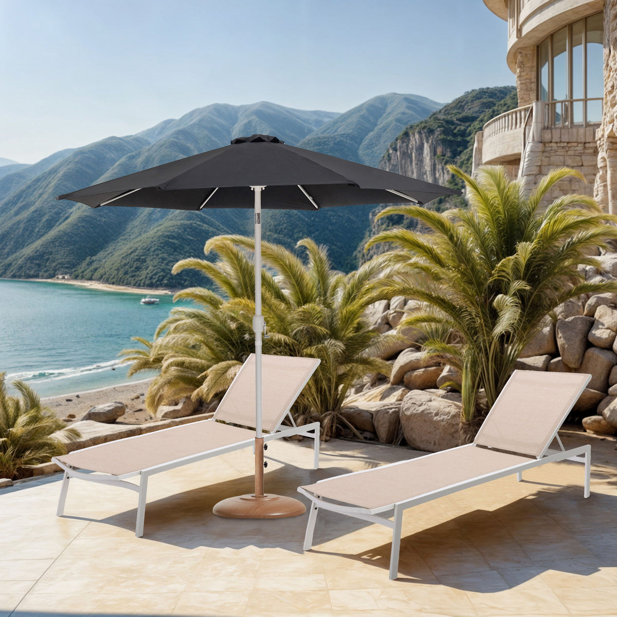 Fiji - Aluminum Patio Umbrella With Round Teak And White Base