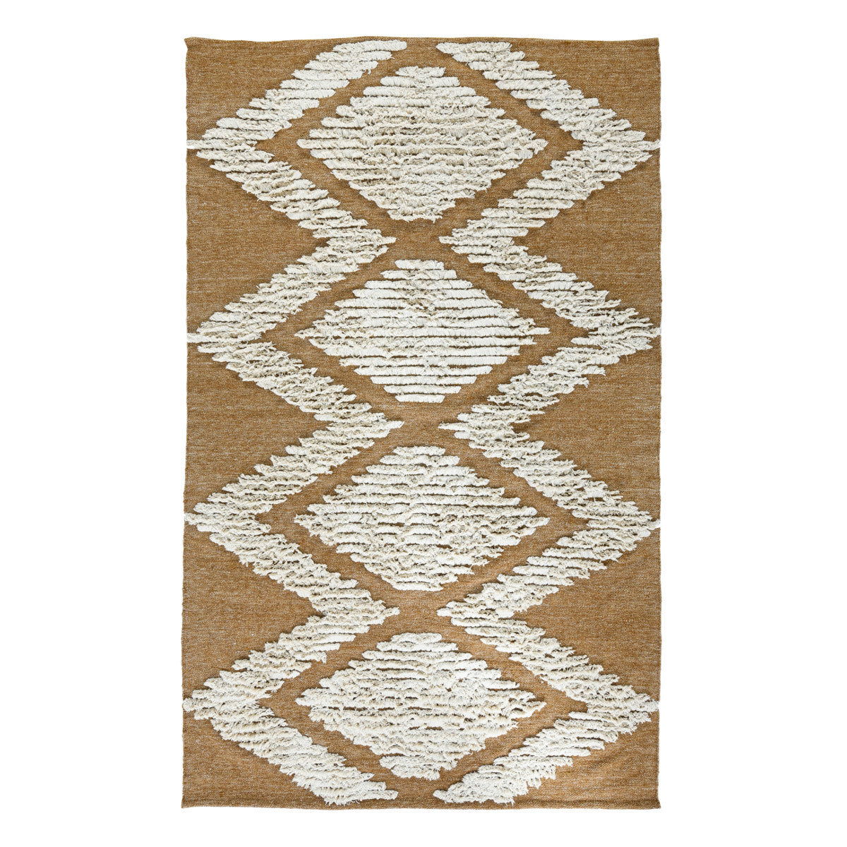 Honey gold indoor/outdoor rug with cream diamond lattice pattern, textured loop pile