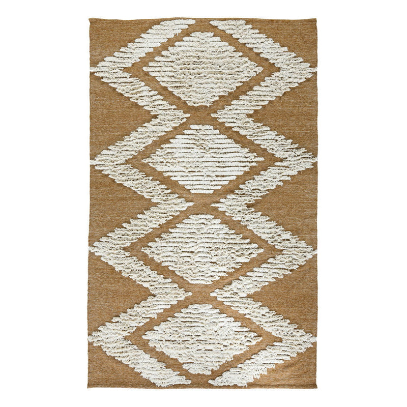 Honey gold indoor/outdoor rug with cream diamond lattice pattern, textured loop pile