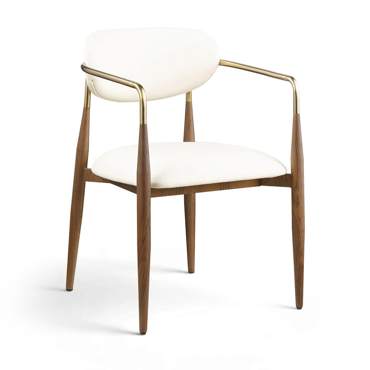 White upholstered dining arm chair with padded arms, curved gold frame, walnut legs