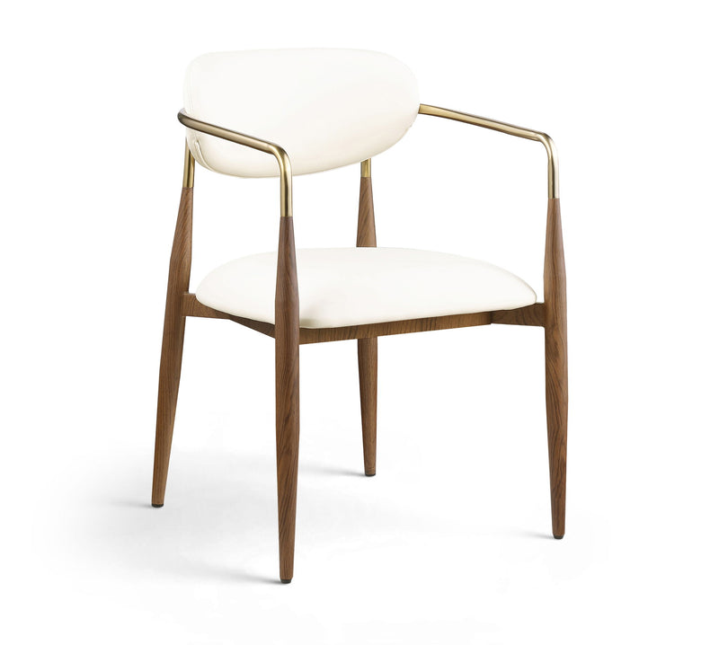 White upholstered dining arm chair with padded arms, curved gold frame, walnut legs