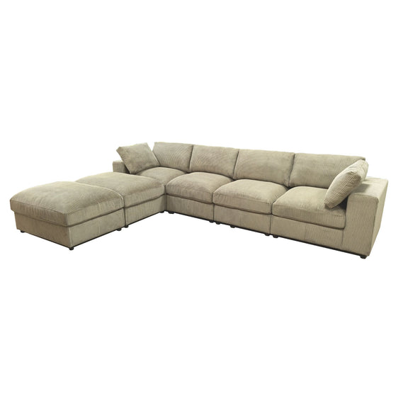 Beige modular sectional sofa with chaise and matching ottoman-style seat
