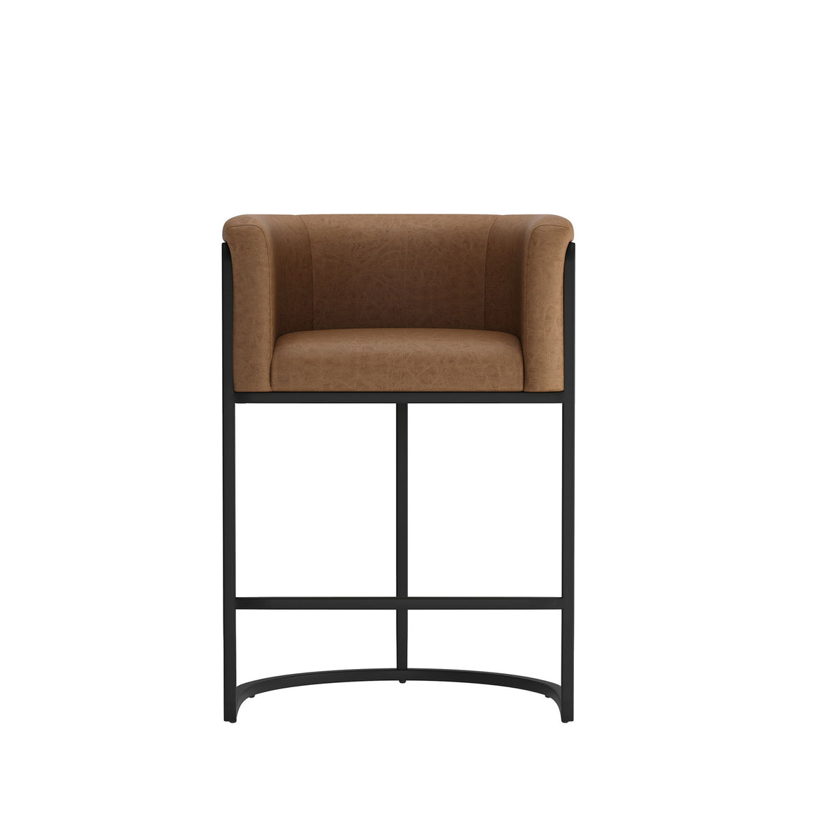 Dark brown upholstered counter stool with black metal base and curved frame