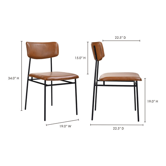 Brown dining chair set of 2 with padded seat and black legs, side view with dimensions