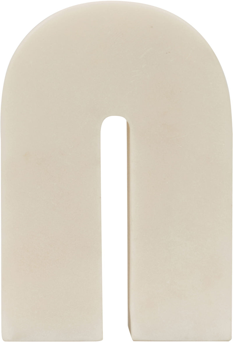 Off-white marble bookend with arched cutout and central slot