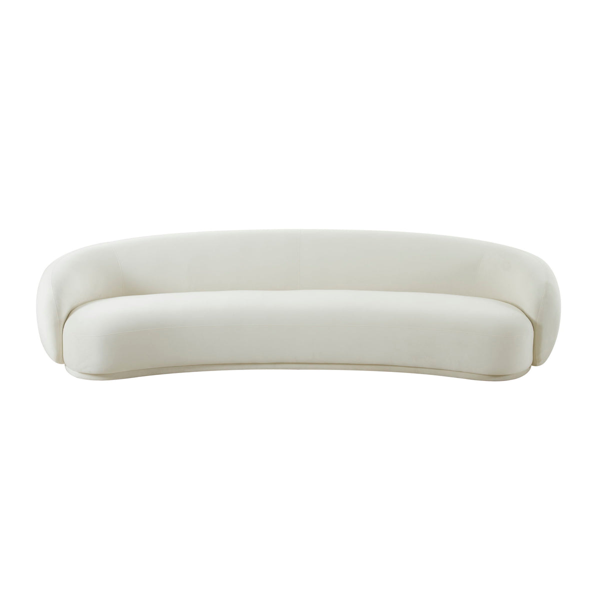 Beige velvet sofa with rounded arms and back, low curved silhouette