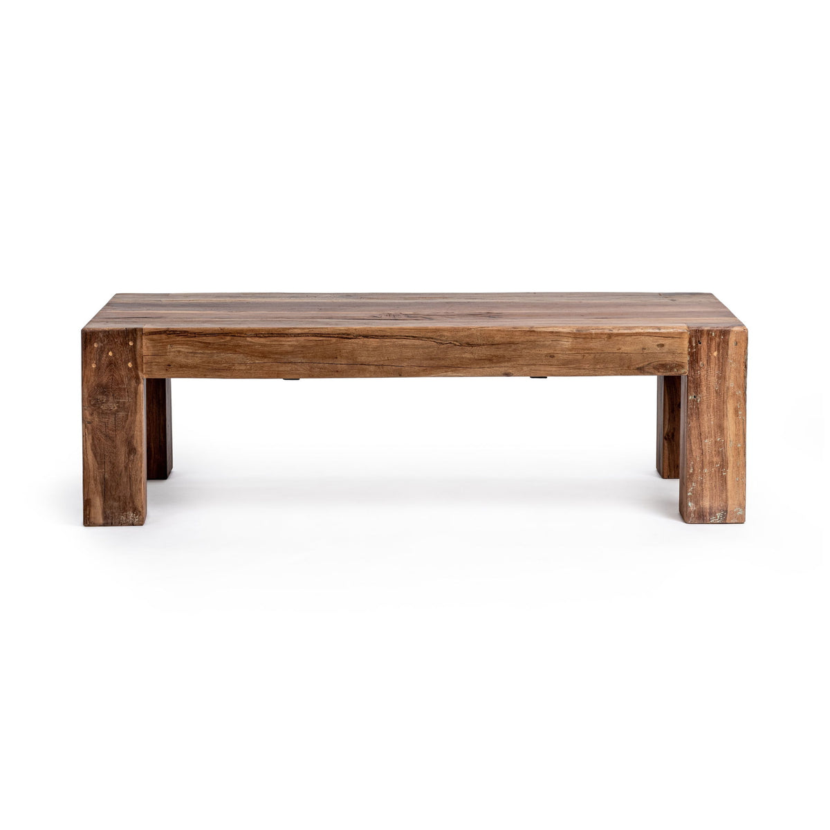 Distressed wooden table with rectangular top and short block legs