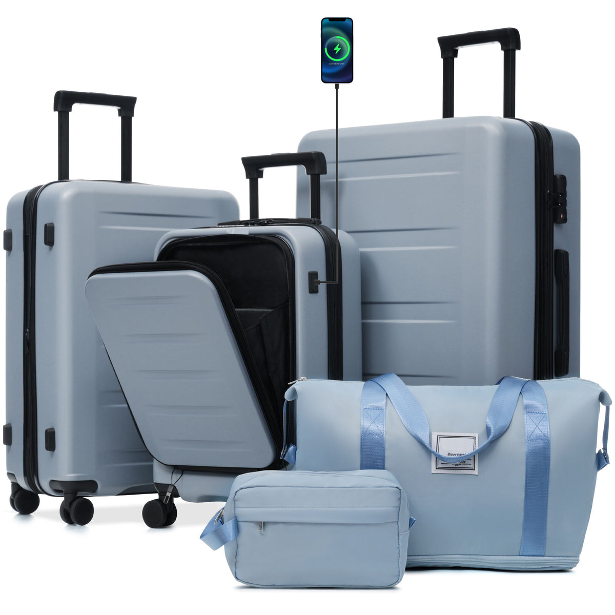 Hardside luggage set in light blue with front opening and matching carry bags