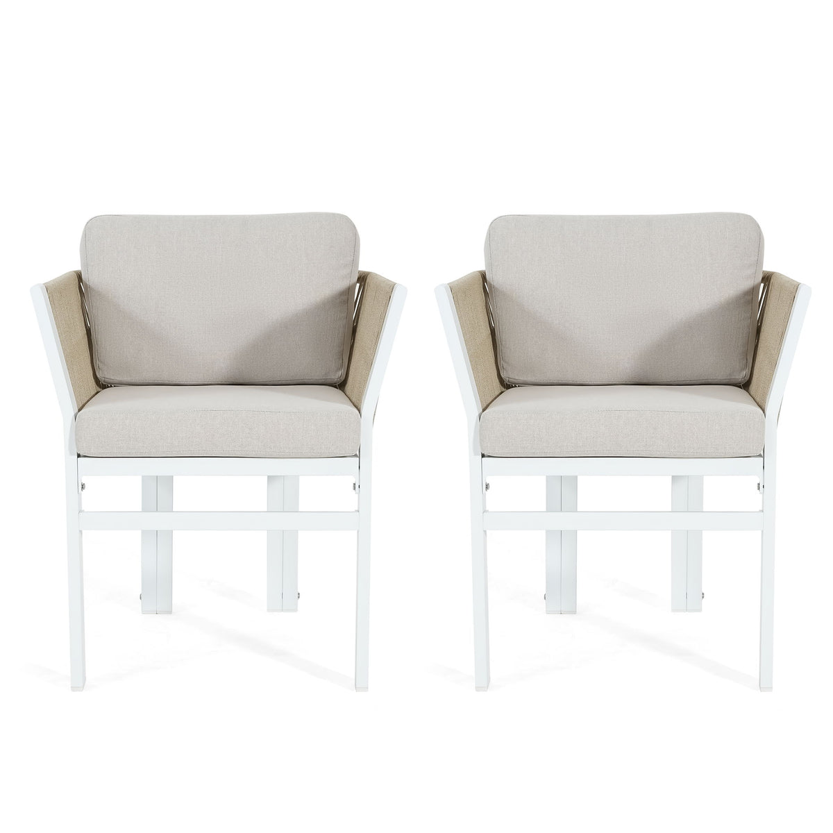 Set of 2 outdoor dining chairs, beige fabric seat and back with white frames