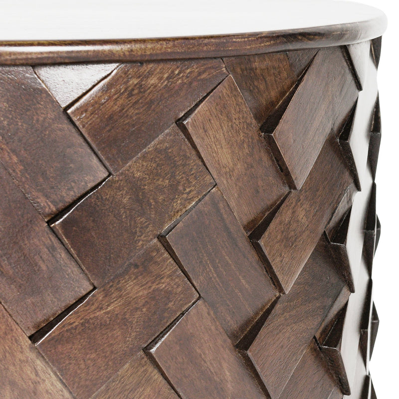 Mango wood table edge with diamond-and-chevron woven panel design in dark brown