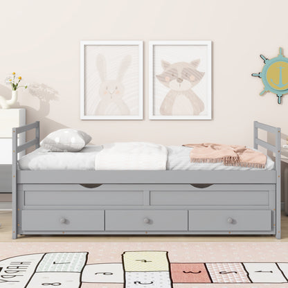 Twin Size Bed with Headboard, Footboard, Trundle and Three Storage Drawers, Twin Size Pine Wood Bed with Headboard, Footboard, Grey