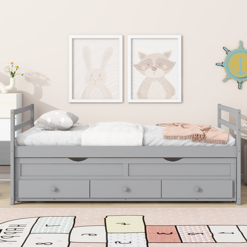 Twin Size Bed with Headboard, Footboard, Trundle and Three Storage Drawers, Twin Size Pine Wood Bed with Headboard, Footboard, Grey