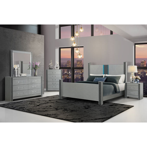 Gray silver dresser with six drawers and long bar handles